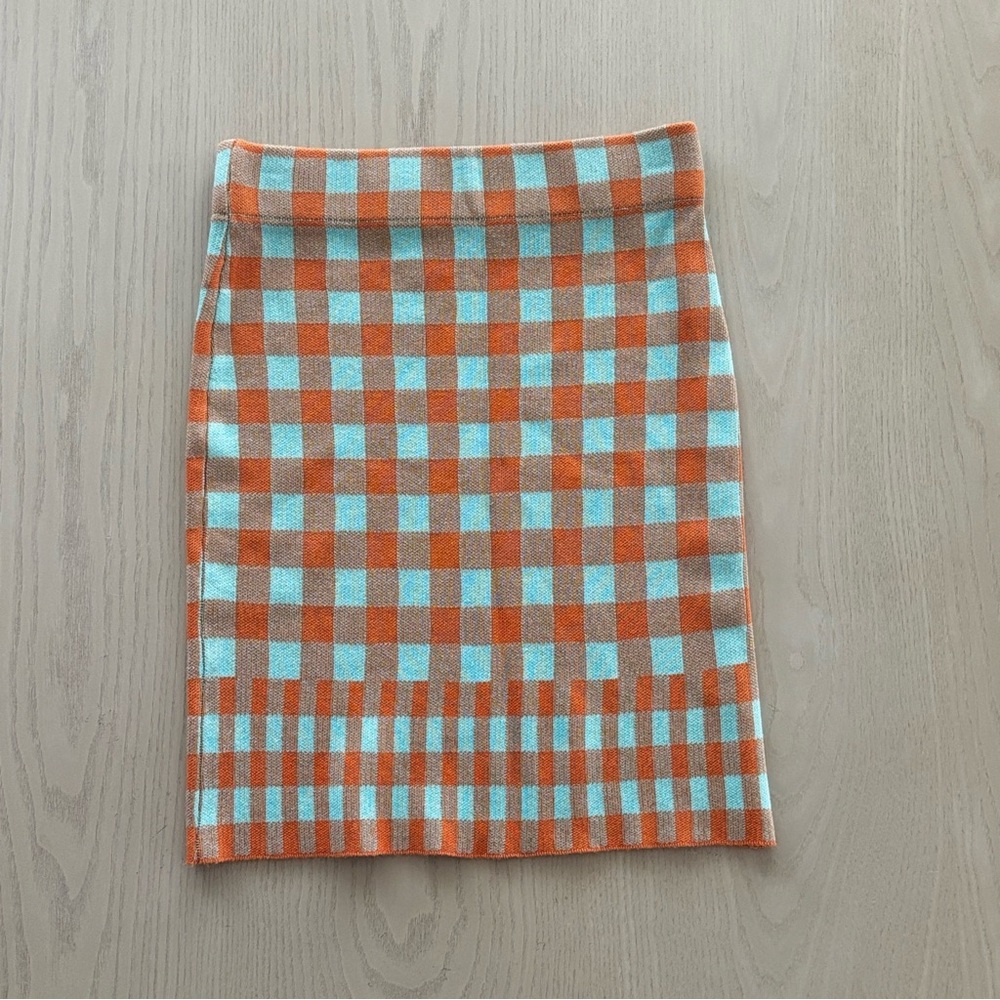 Shein Orange and Blue Checkered Knit Skirt Size Small